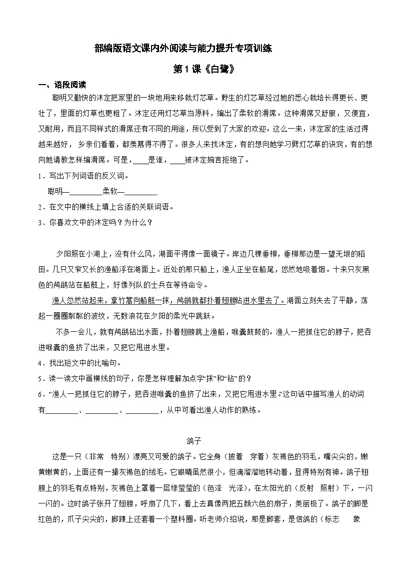 部编版语文课内外阅读与能力提升专项训练五年级上第1课《白鹭》01