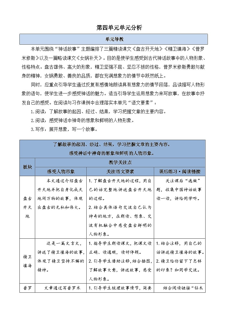 第四单元单元分析-部编版语文四年级上册 教案01