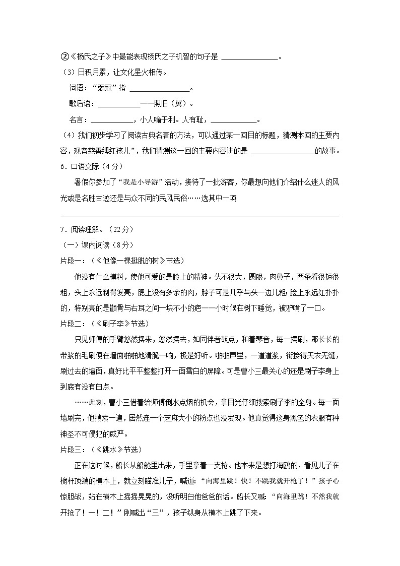 2022-2023学年河南省驻马店市正阳县五年级下学期期末语文试卷（含解析）03