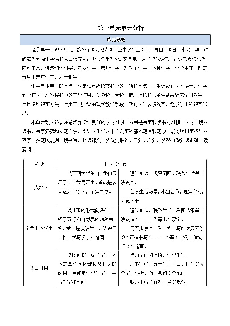 第一单元单元分析-部编版语文一年级上册 教案01