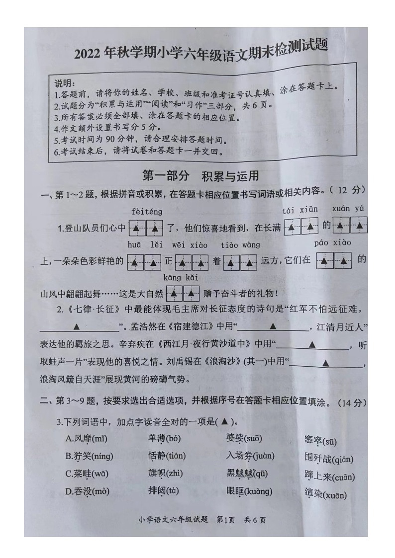 江苏省盐城市大丰区2022-2023学年六年级上学期期末语文试卷01