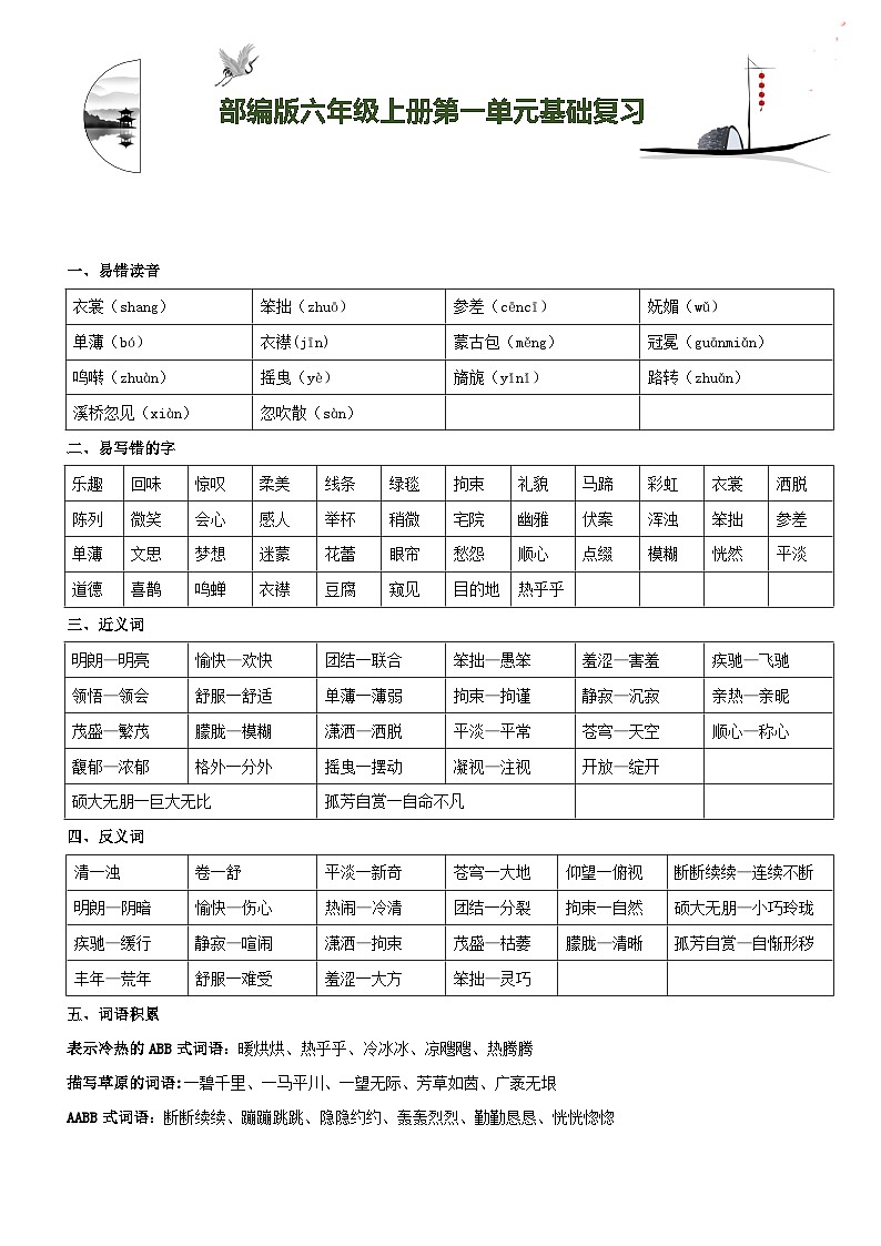 【期中知识复习】部编版语文六年级上册-第1单元基础复习讲学案（知识梳理+基础检测）01