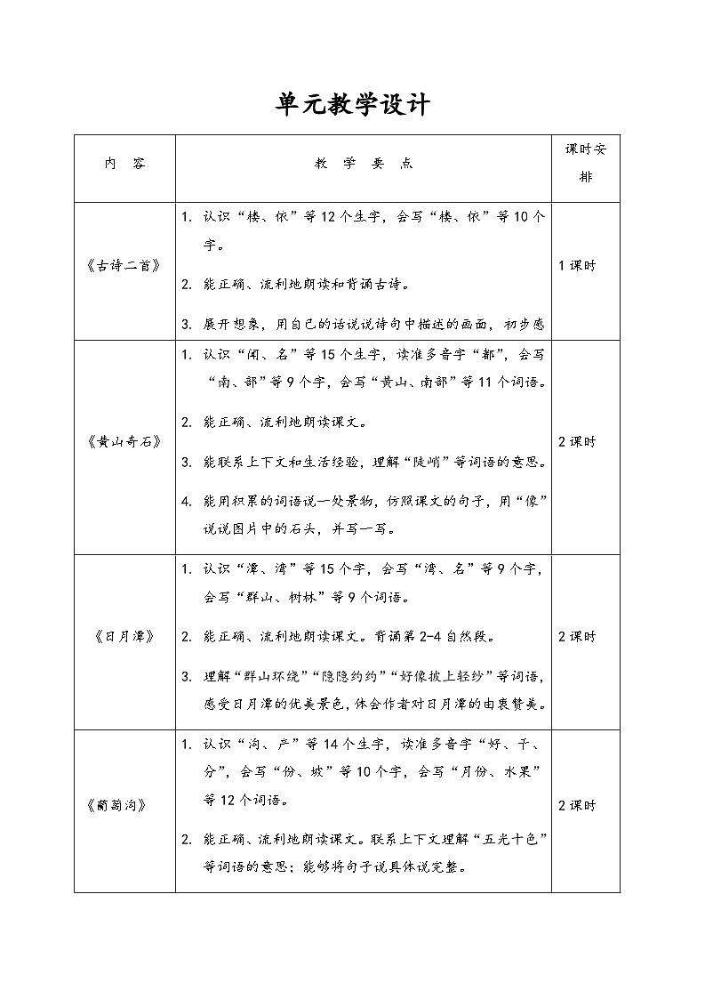 部编版语文二年级上册 9黄山奇石表格式教案（第一课时）第1页