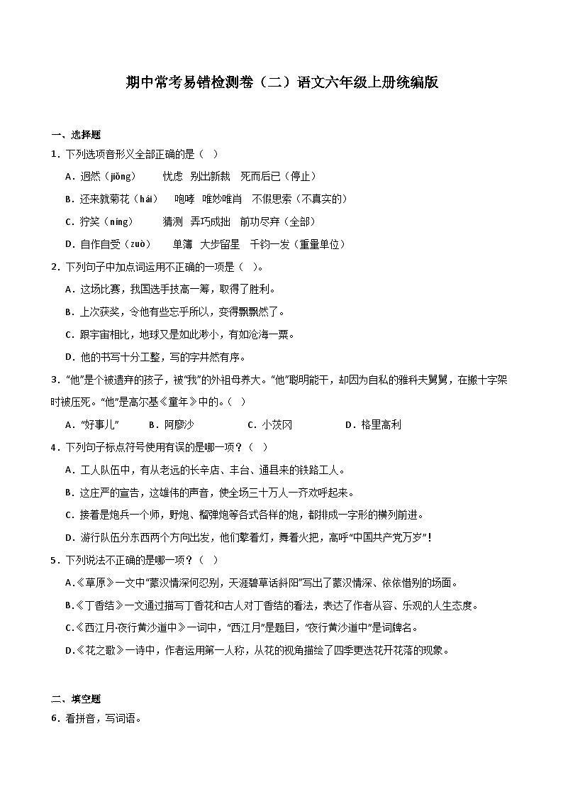 期中常考易错检测卷（二）-2023-2024学年语文六年级上册（统编版）01