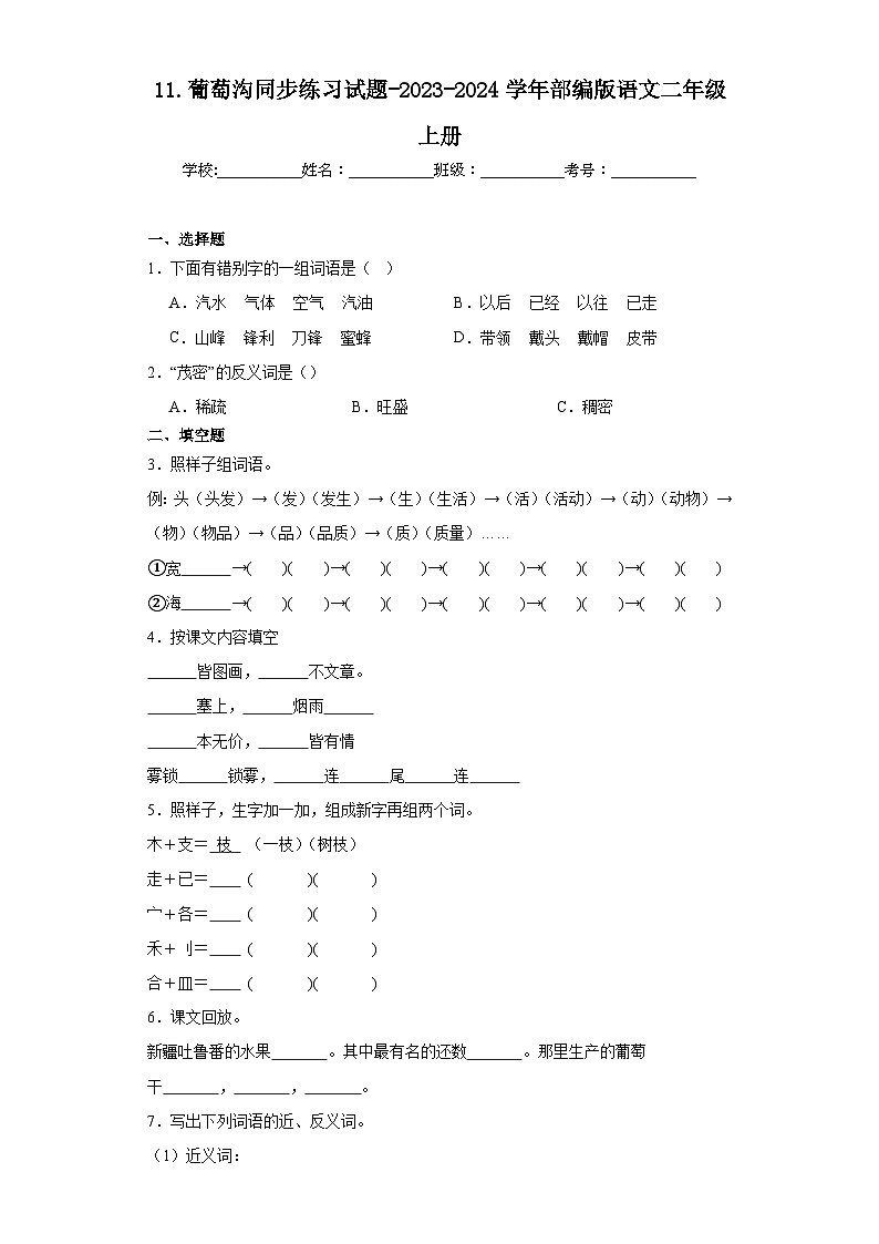 11.葡萄沟同步练习试题-2023-2024学年部编版语文二年级上册01