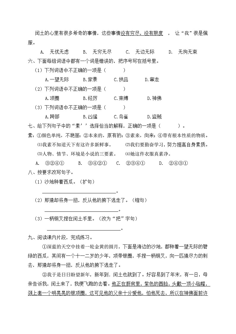 统编版六年级语文上册-25.少年闰土 同步一课一练（含答案）02