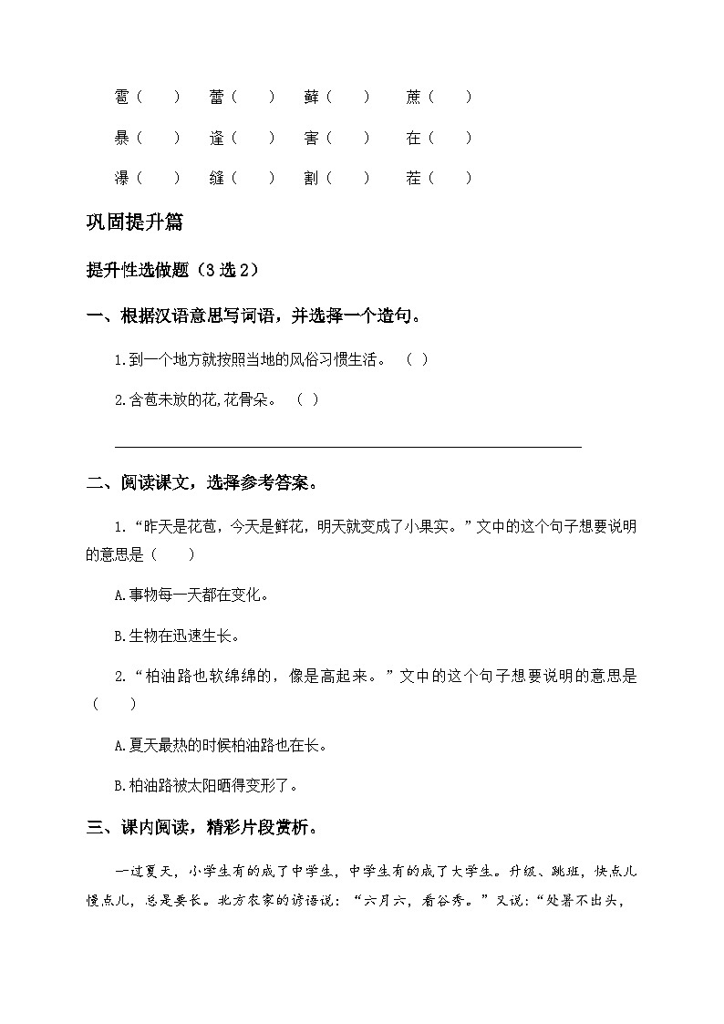 统编版六年级语文上册-16.夏天里的成长-分层课时练02