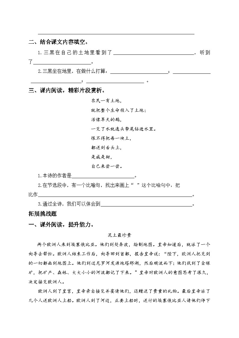 统编版六年级语文上册-21.三黑和土地-分层课时练02