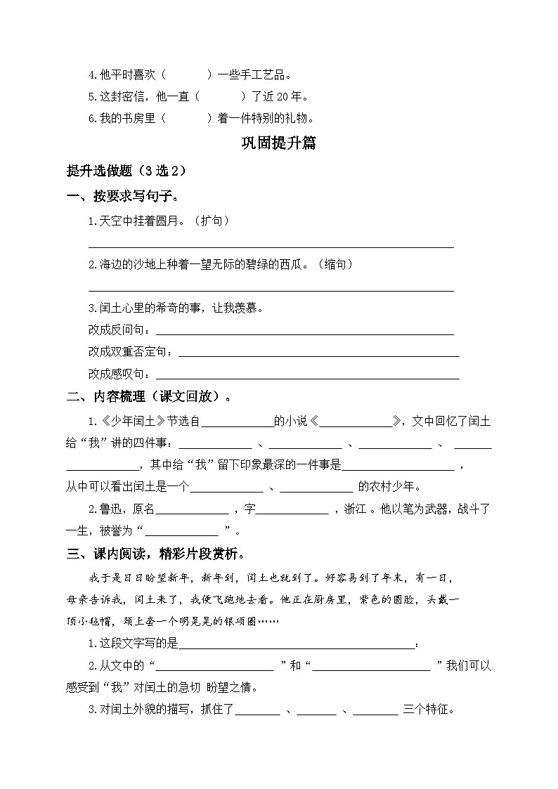 统编版六年级语文上册-25.少年闰土-分层课时练02