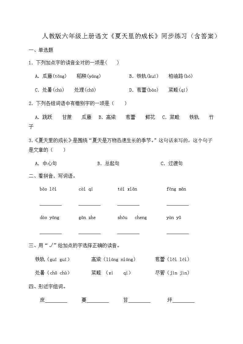 人教部编版六年级上册语文-16.《夏天里的成长》同步练习（含答案）01