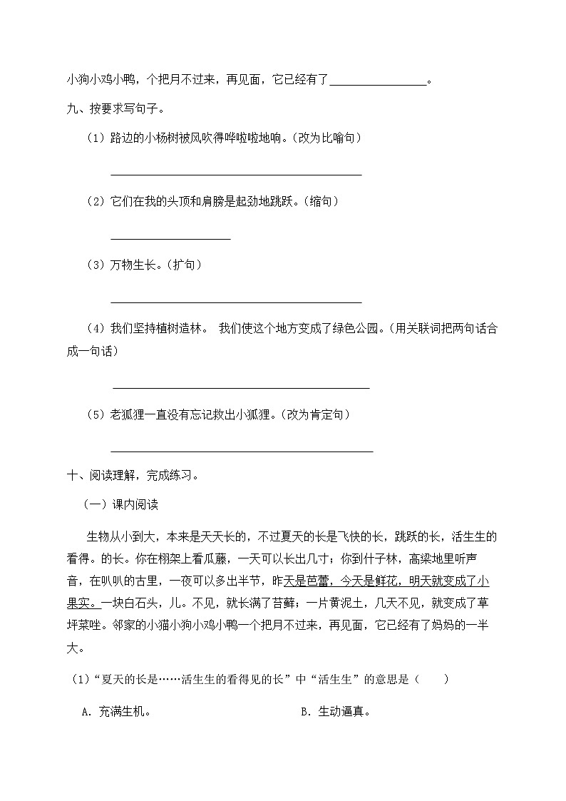 人教部编版六年级上册语文-16.《夏天里的成长》同步练习（含答案）03