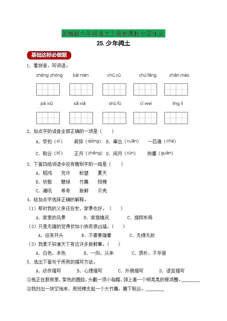 【新课标】统编版六年级语文上册分层作业设计-25.少年闰土（含答案）01