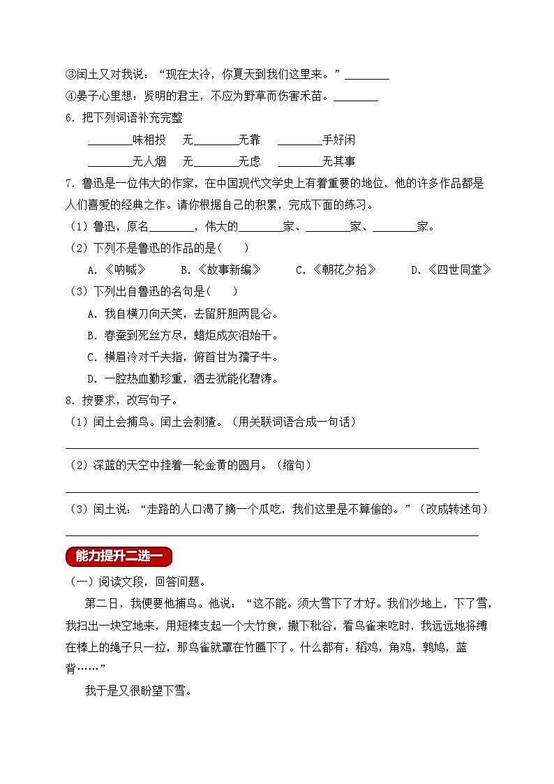 【新课标】统编版六年级语文上册分层作业设计-25.少年闰土（含答案）02