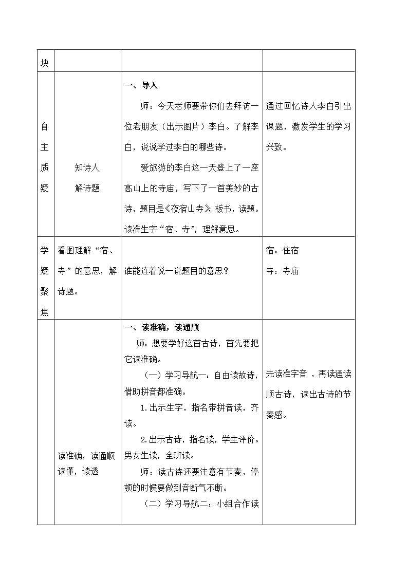 部编版二年级上册语文  19古诗二首《夜宿山寺》（教案）（表格式）02