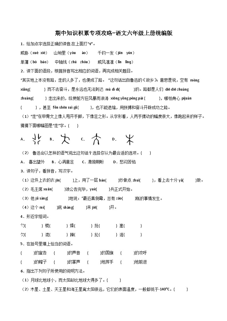 期中知识积累专项攻略-（含答案）2023-2024学年语文六年级上册 统编版 练习01