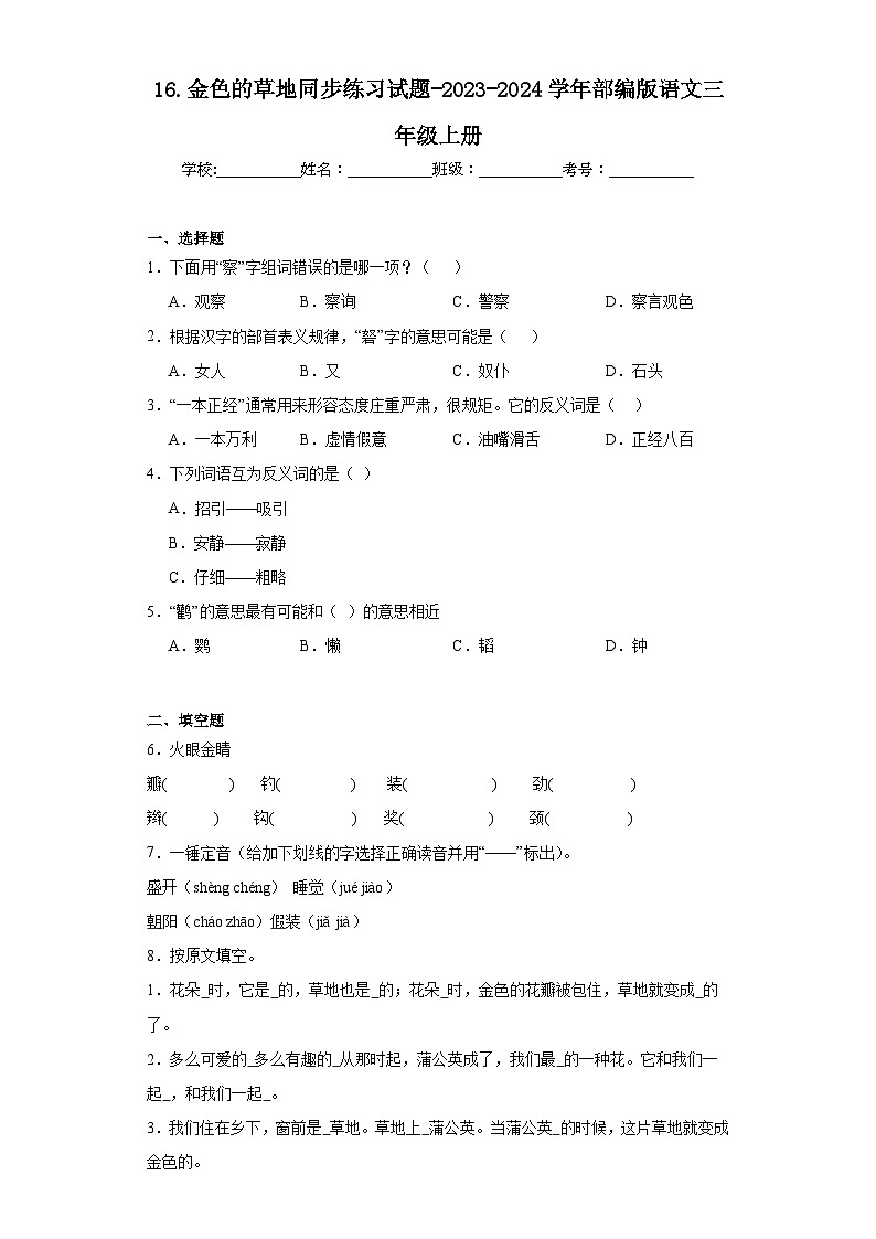 16.金色的草地同步练习试题-2023-2024学年部编版语文三年级上册01
