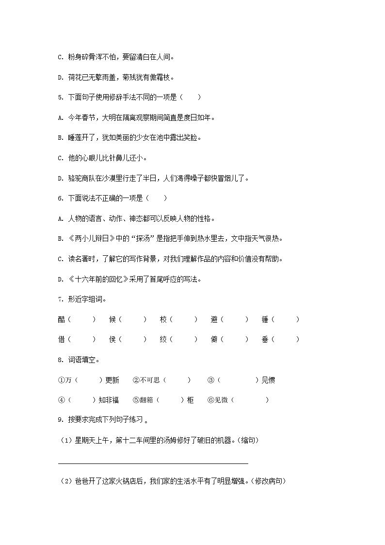 2020年重庆合川小升初语文真题第2页