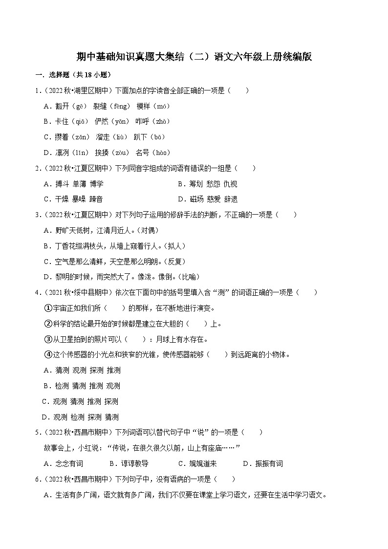 期中基础知识真题大集结（二）2023-2024学年语文六年级上册 统编版01