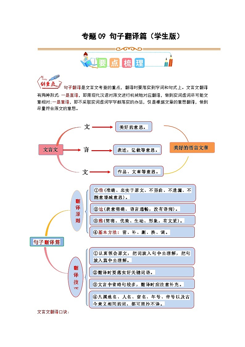 9 小古文专讲专练：句子翻译篇（学生版）小学人教统编版01