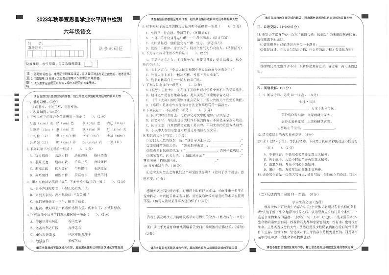 湖北省恩施土家族苗族自治州宣恩县2023-2024学年六年级上学期11月期中语文试题01