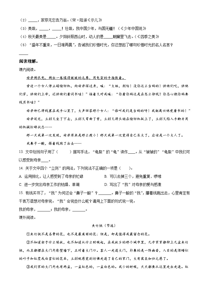 2021-2022学年四川省成都市高新区部编版五年级上册期末测试语文试卷（原卷版）第3页