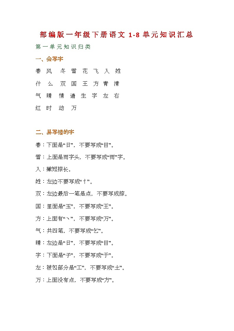 部编版一年级下册语文1-8单元知识汇总 试卷01