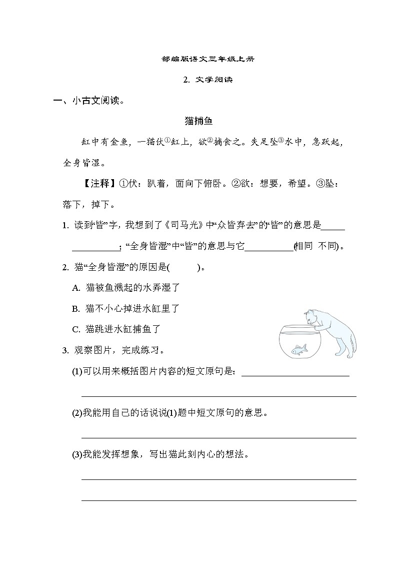 部编版语文三上 文学阅读专项练习（含答案）01