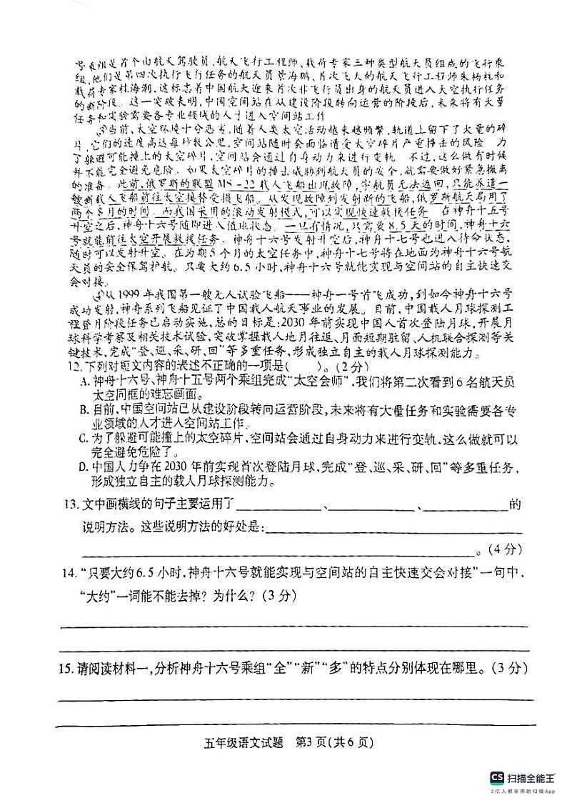 江苏省徐州市沛县2023-2024学年五年级上学期11月期中语文试题第3页
