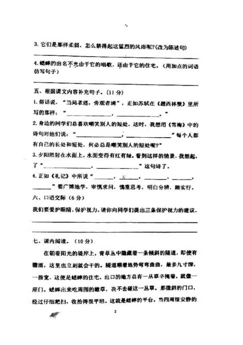 广东省肇庆市四会市东城区陶冲小学2023-2024学年四年级上学期11月期中语文试题02