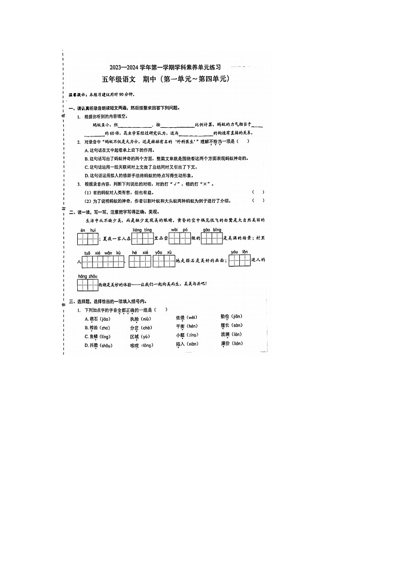 广东省深圳市龙岗区爱华学校2023-2024学年五年级上学期期中语文试卷01