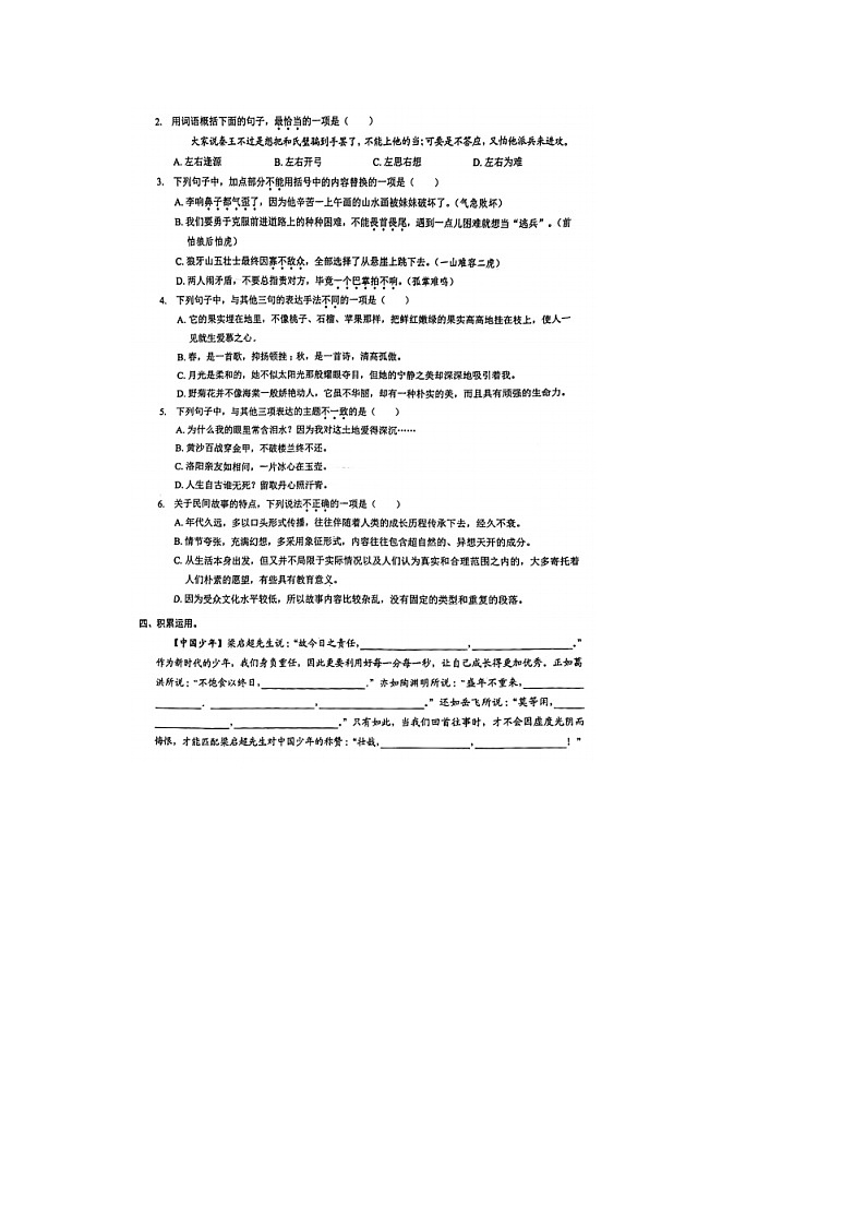 广东省深圳市龙岗区爱华学校2023-2024学年五年级上学期期中语文试卷02