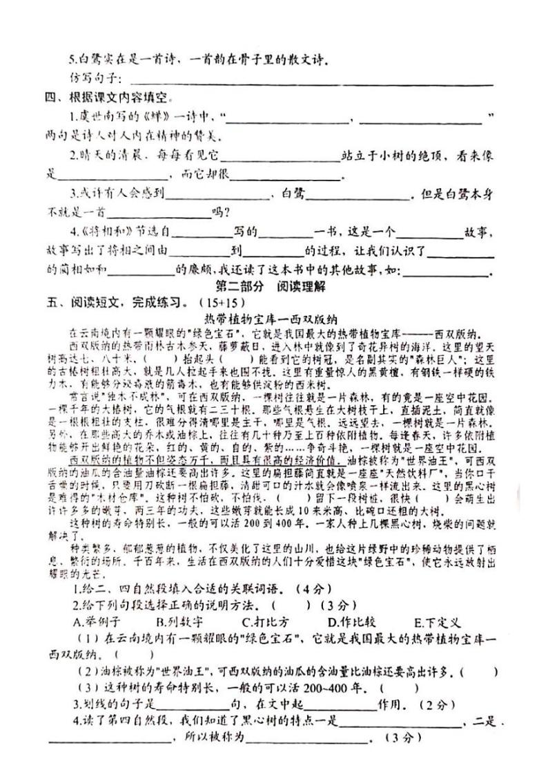 江苏省宿迁市沭阳县部分学校2023-2024学年五年级上学期10月学情调研语文试卷02