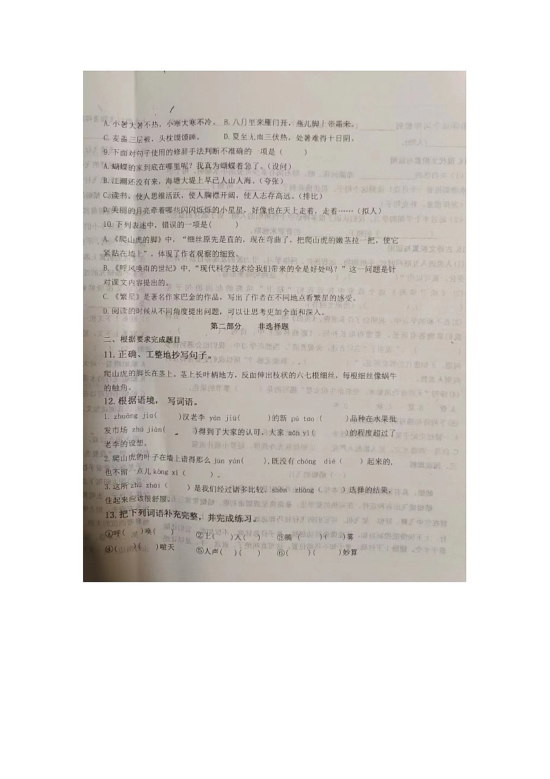 山东省潍坊市诸城市2023-2024学年四年级上学期11月期中语文试题02