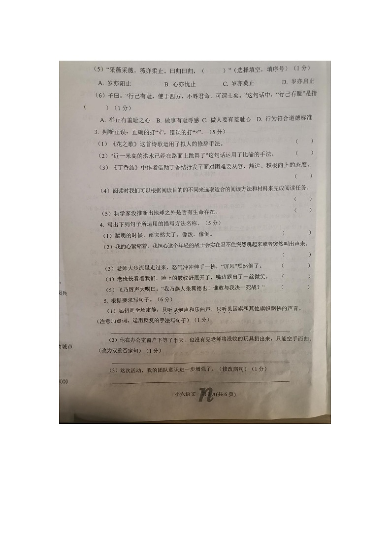 河南省南阳市南召县2023-2024学年六年级上学期11月期中语文试题02