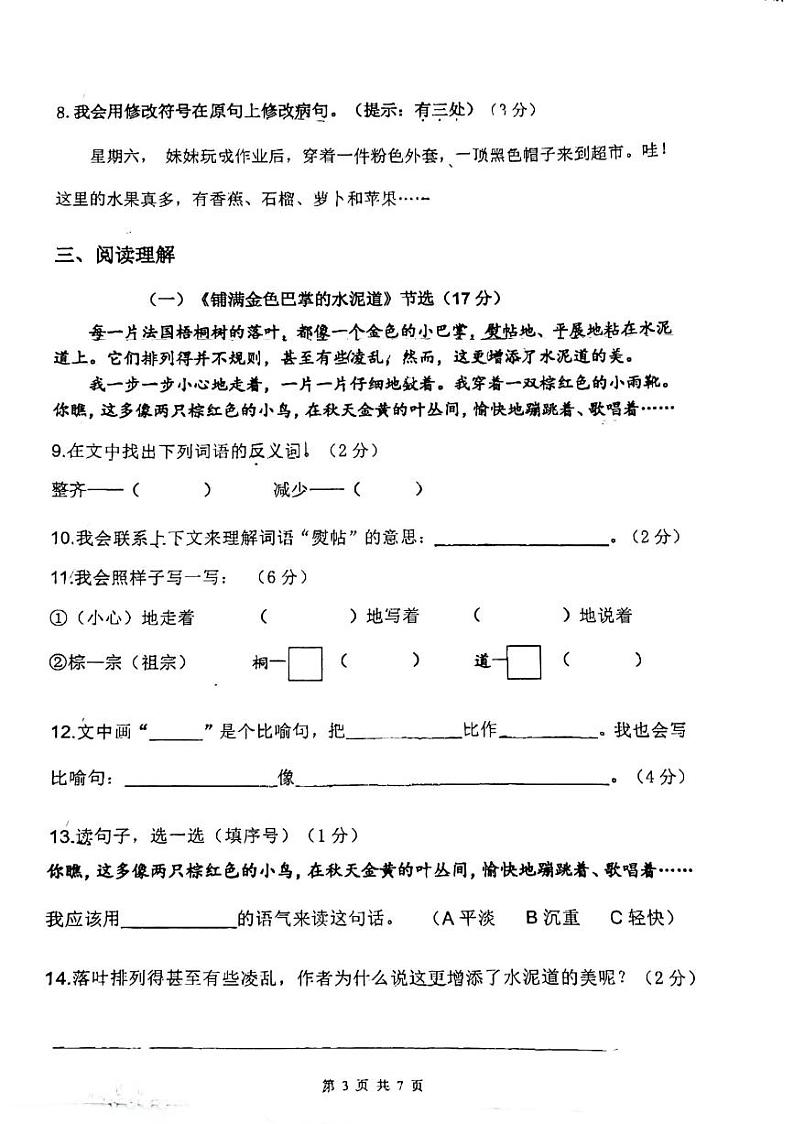 浙江省温州市洞头区洞头县实验小学2023-2024学年三年级上学期11月期中语文试题03