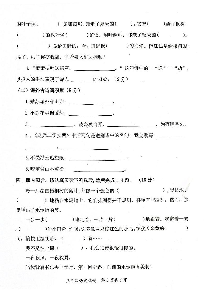 山东省枣庄市市中区2023-2024学年三年级上学期11月期中语文试题03