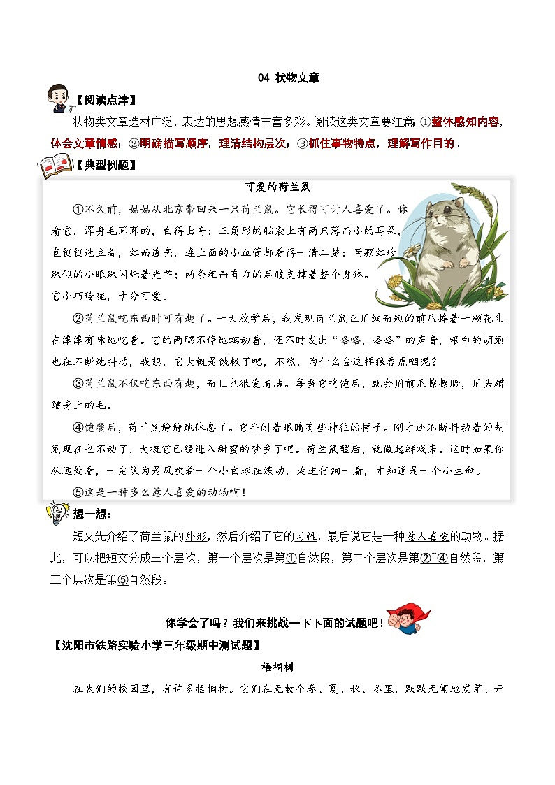 专题04 状物文章-2023-2024学年三年级语文阅读专项试题（统编版）01