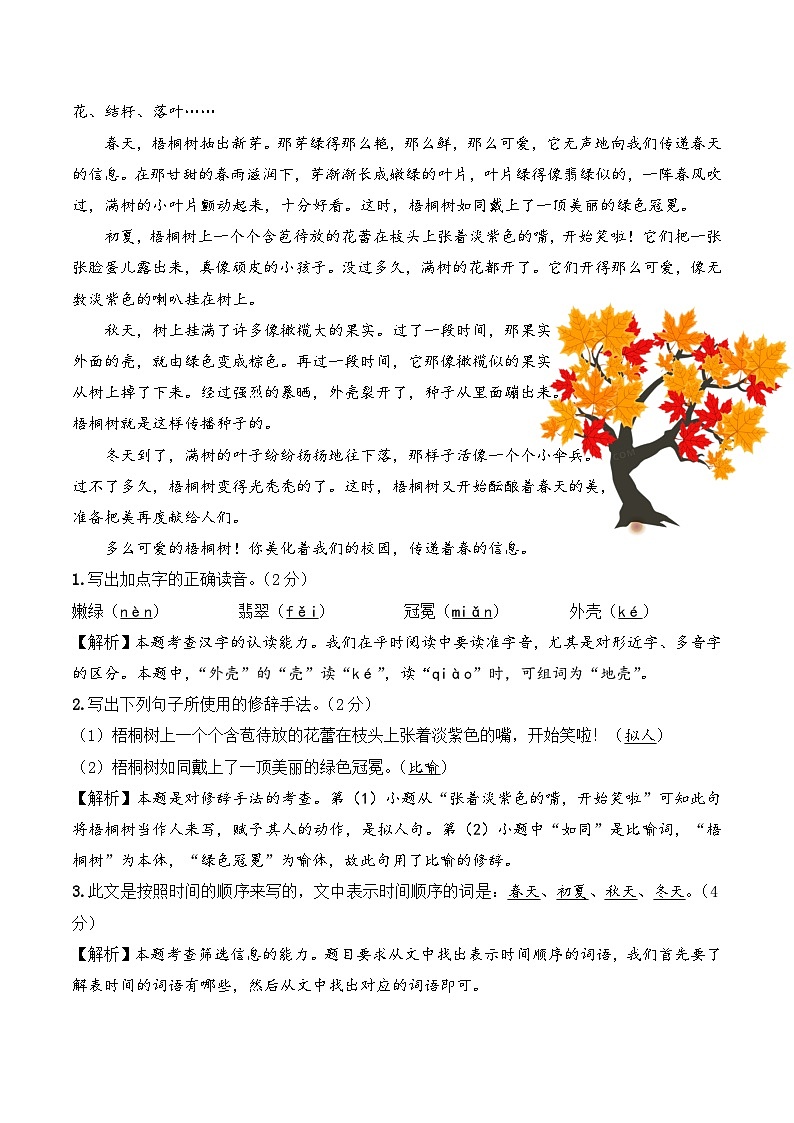 专题04 状物文章-2023-2024学年三年级语文阅读专项试题（统编版）02