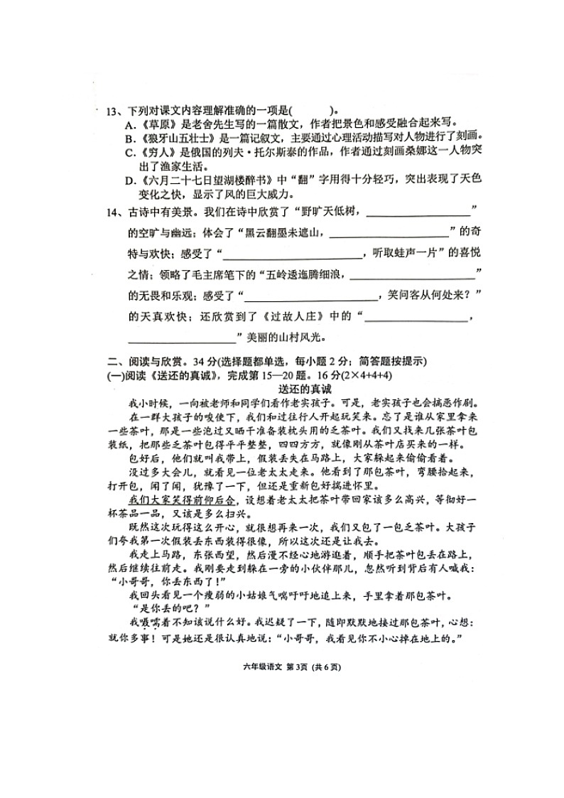 福建漳州龙海区2023-2024学年六年级上学期期中语文检测试卷03