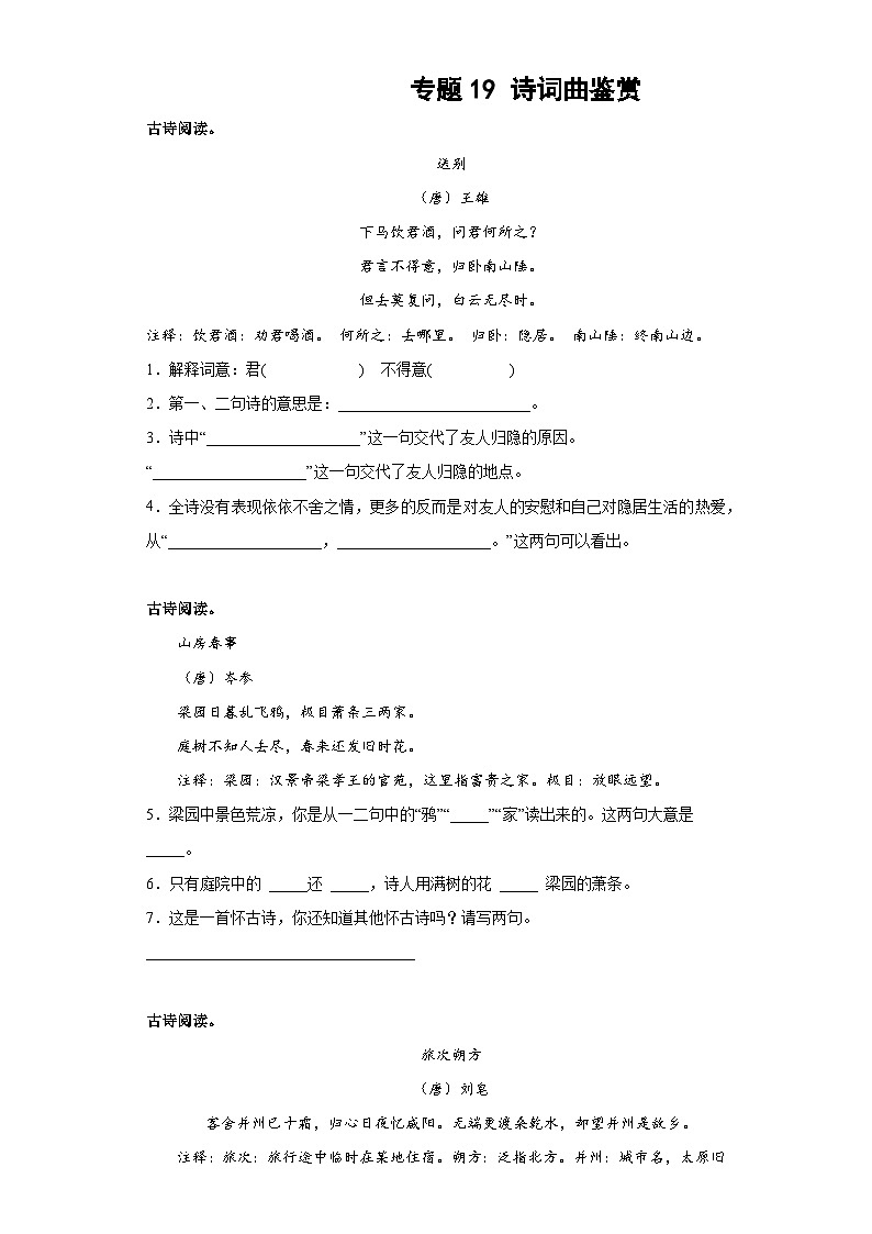 专题19小升初诗词曲鉴赏第1页