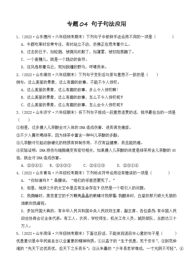 专题04+句子句法应用-2023-2024学年语文六年级上册期末备考真题分类汇编（山东地区专版）第1页