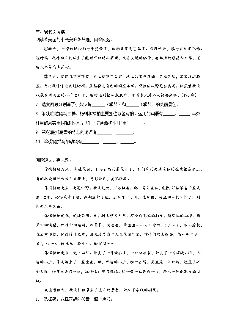 部编版语文三年级上册期末拔高练02