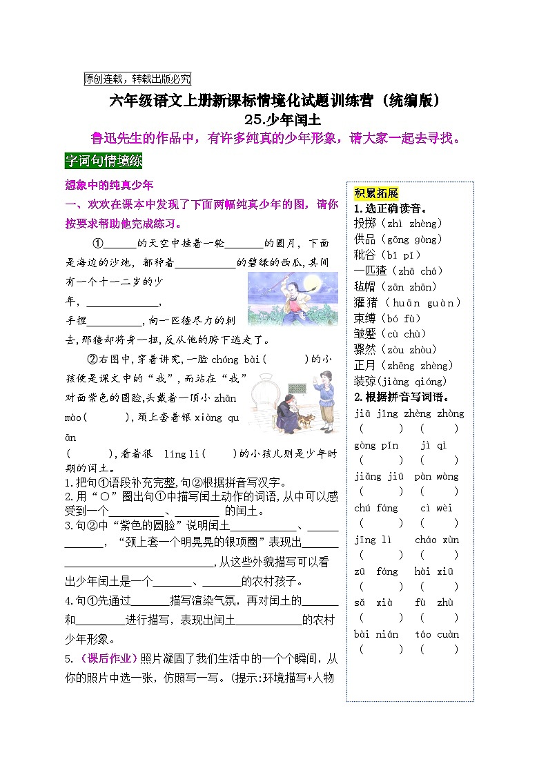 《25 少年闰土》情境化试题训练营2023-2024学年六年级语文上册新课标（统编版）01