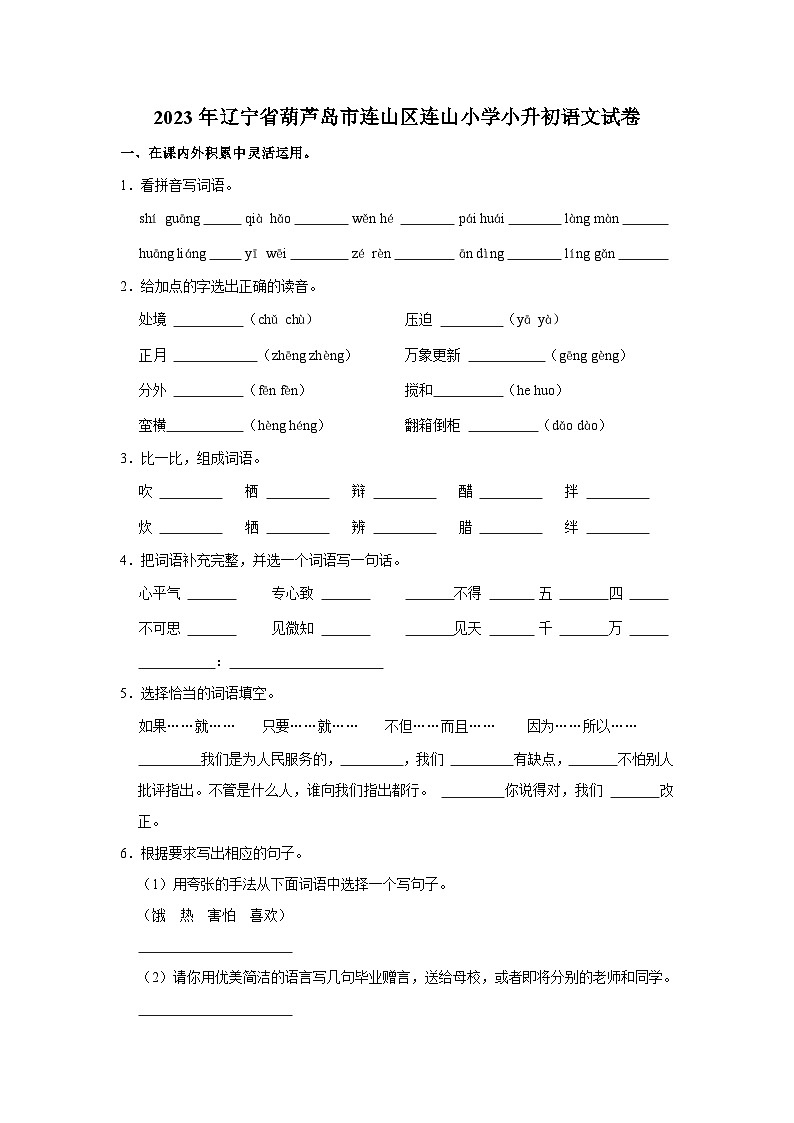 2023年辽宁省葫芦岛市连山区连山小学小升初语文试卷（含答案）01