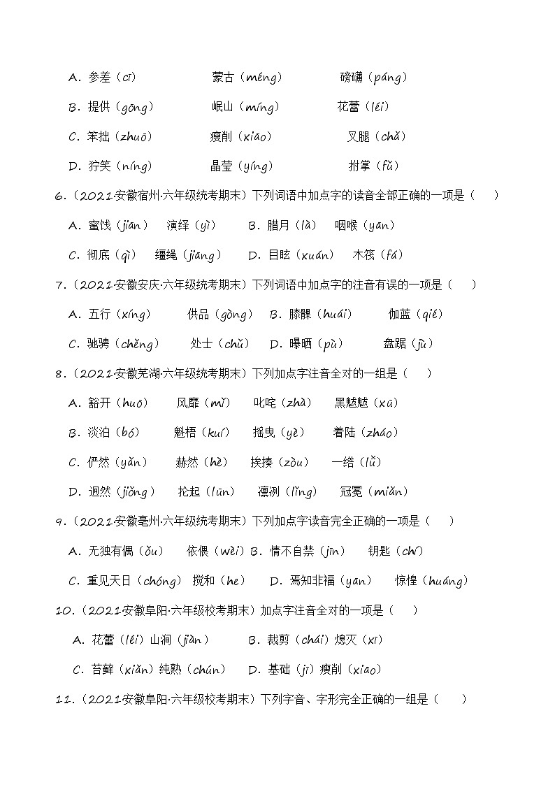 专题01+字音字形+2023-2024学年语文六年级上册期末备考真题分类汇编（安徽地区专用）第2页