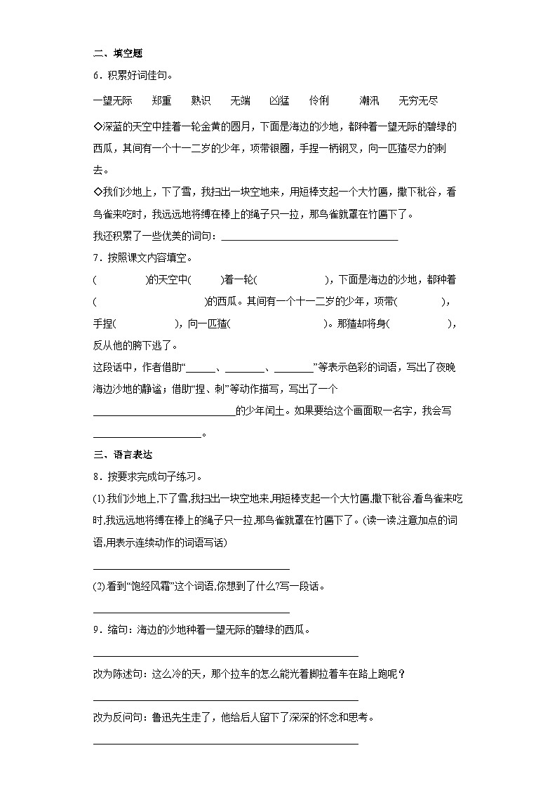 部编版语文六年级上册 25少年闰土同步练习（部分由解析）02