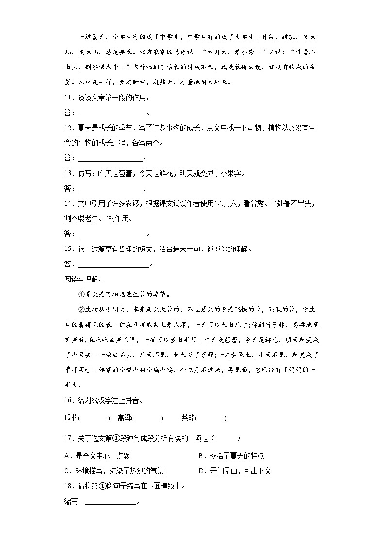 部编版语文六年级上册 16夏天里的成长同步练习（部分有解析）第3页