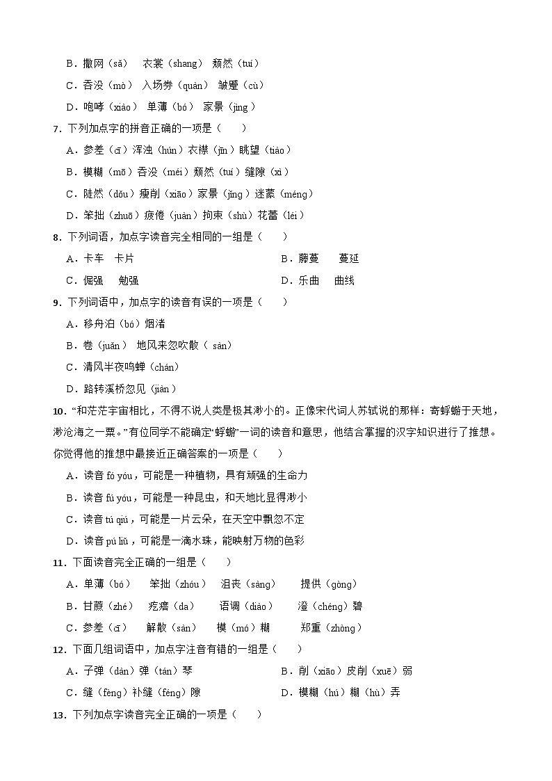专题01：字音字形-2023-2024学年 六年级语文上学期期末复习题型专练  原卷版（统编版）02