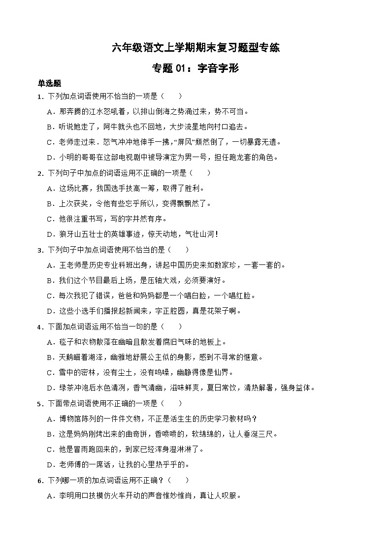 专题02：词语运用-2023-2024学年 六年级语文上学期期末复习题型专练  原卷版（统编版）01