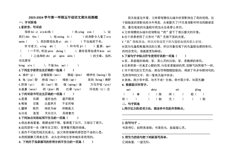 山东省青岛西海岸新区珠江路小学（青岛市黄岛区珠江路小学）2023-2024学年五年级上学期12月期末语文试题01